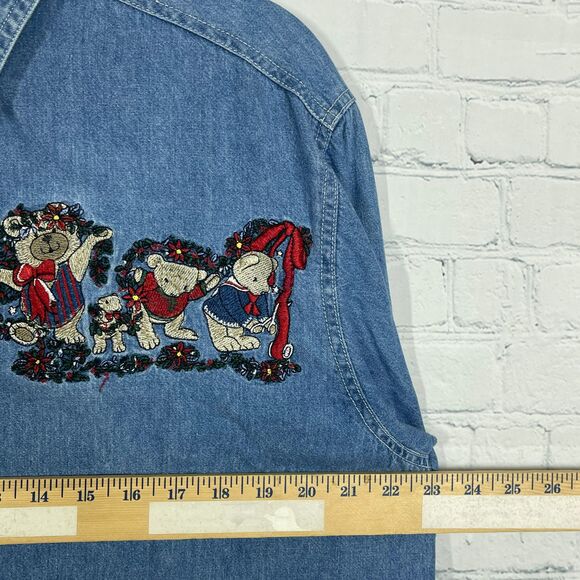 Christmas Shirt Women XL Blue Chambray Button Up Long Sleeve Embroidered Bear - Picture 7 of 9